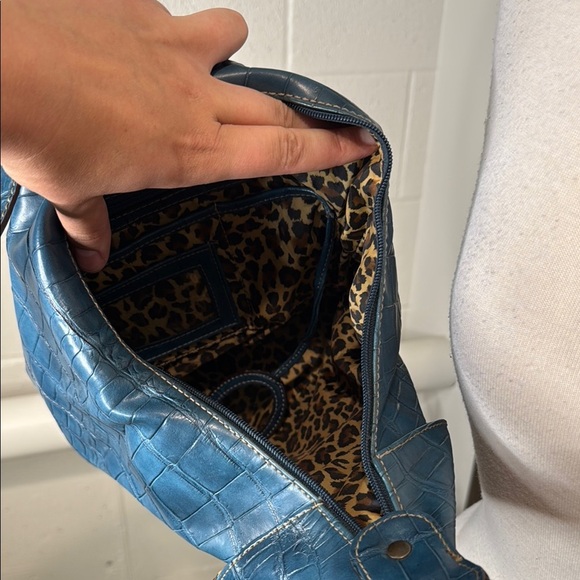 Nine West Blue Textured Women's Backpack blue alligator pattern w cheetah lining - Picture 5 of 10